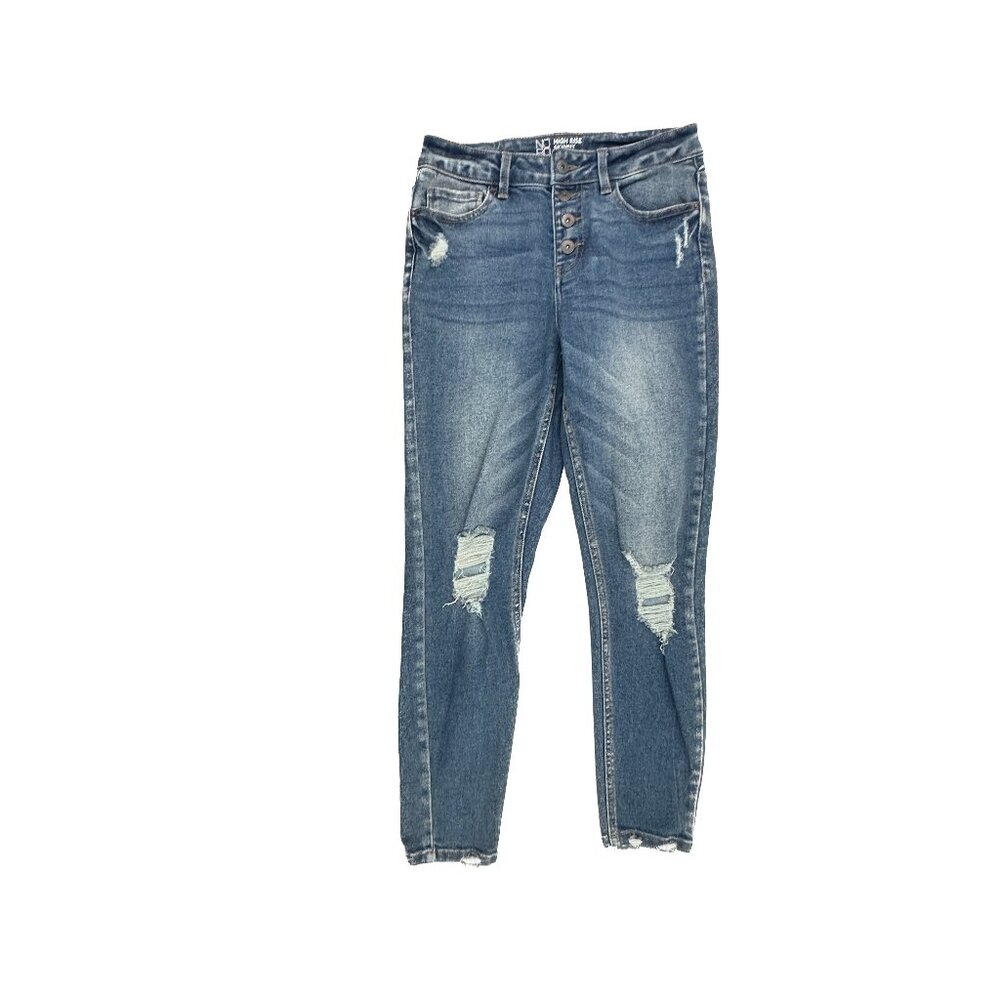 No Boundaries Jeans Womens 7 Blue High Rise Skinny Button Fly Distressed